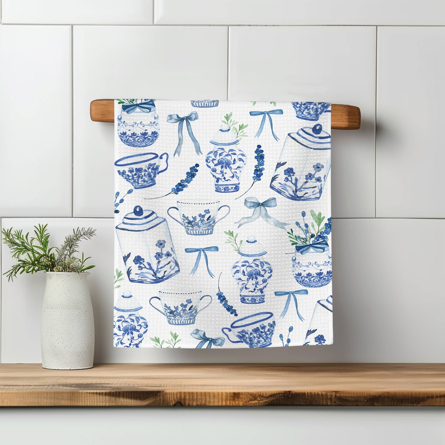 Tea Chinoiserie Floral Kitchen Towel Vase Blue White Spring Bow