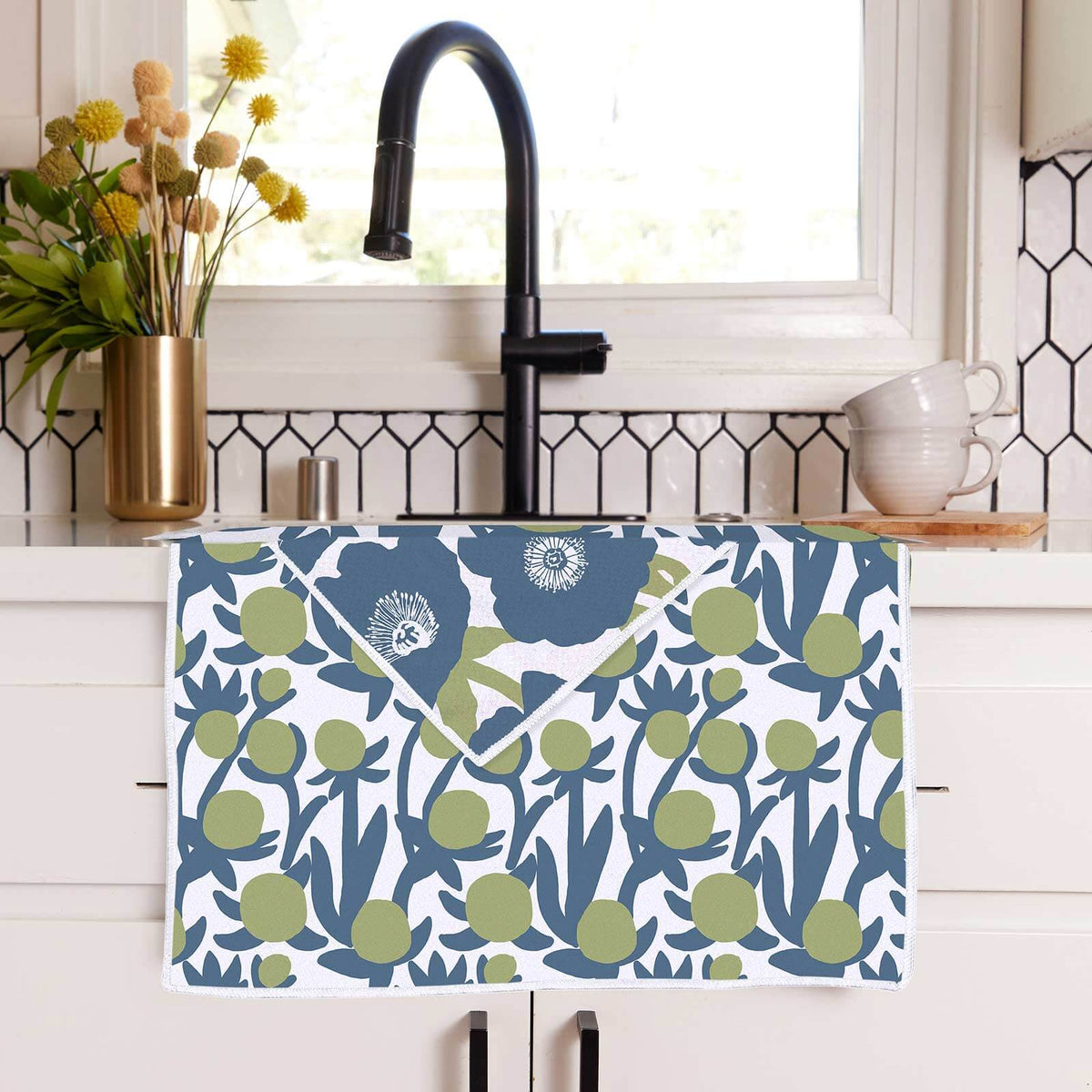 Soft Bloom Blue Green Eco Kitchen Tea Towel