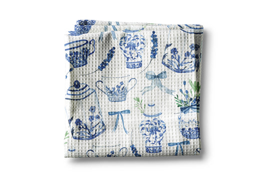 Tea Chinoiserie Floral Kitchen Towel Vase Blue White Spring Bow