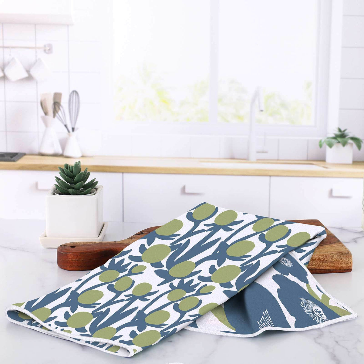 Soft Bloom Blue Green Eco Kitchen Tea Towel