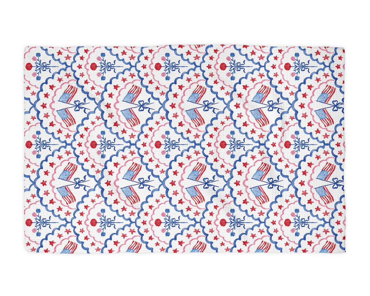 Floral Patriotic Red White Blue Flag Kitchen Towel Waffle