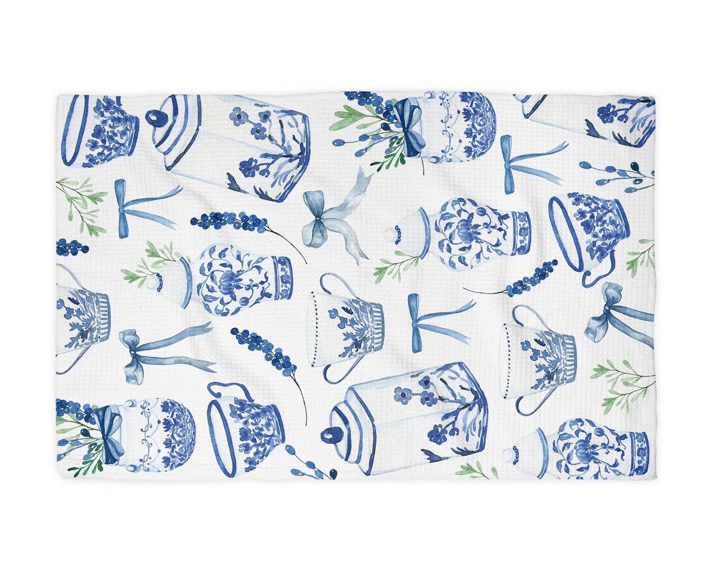 Tea Chinoiserie Floral Kitchen Towel Vase Blue White Spring Bow