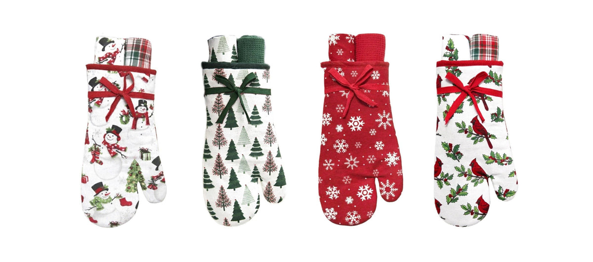 3-Pack Christmas Set: Two Kitchen Towels In Oven Mitt