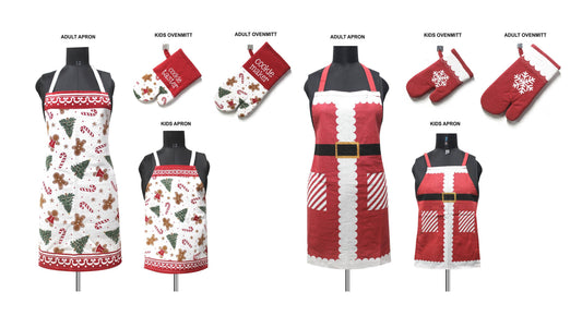 4-Pack Christmas Baking Set: Apron & Ovenmitt (Adult+Child)