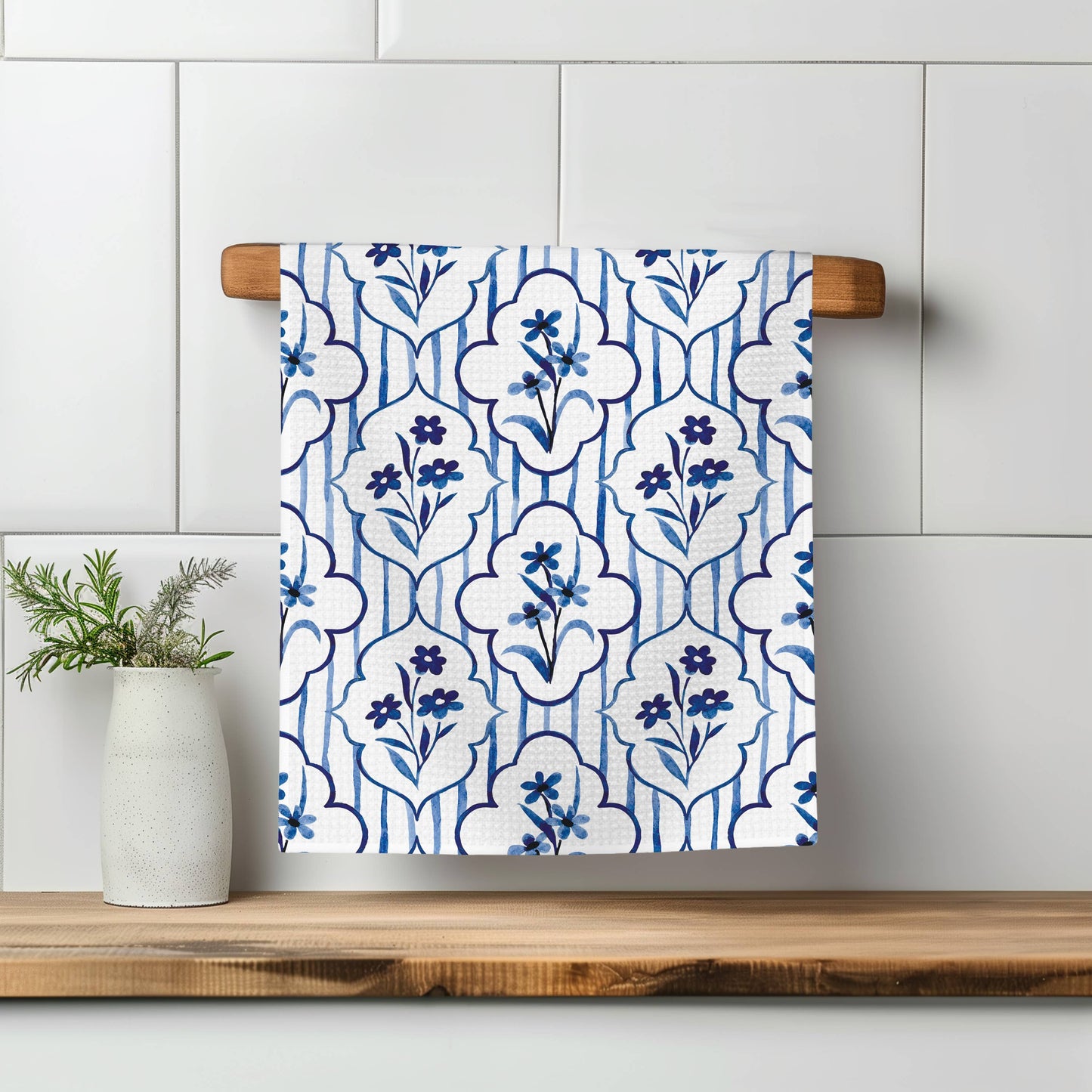 Blue Chinoiserie Floral Kitchen Towel Vase Blue White Spring Bow